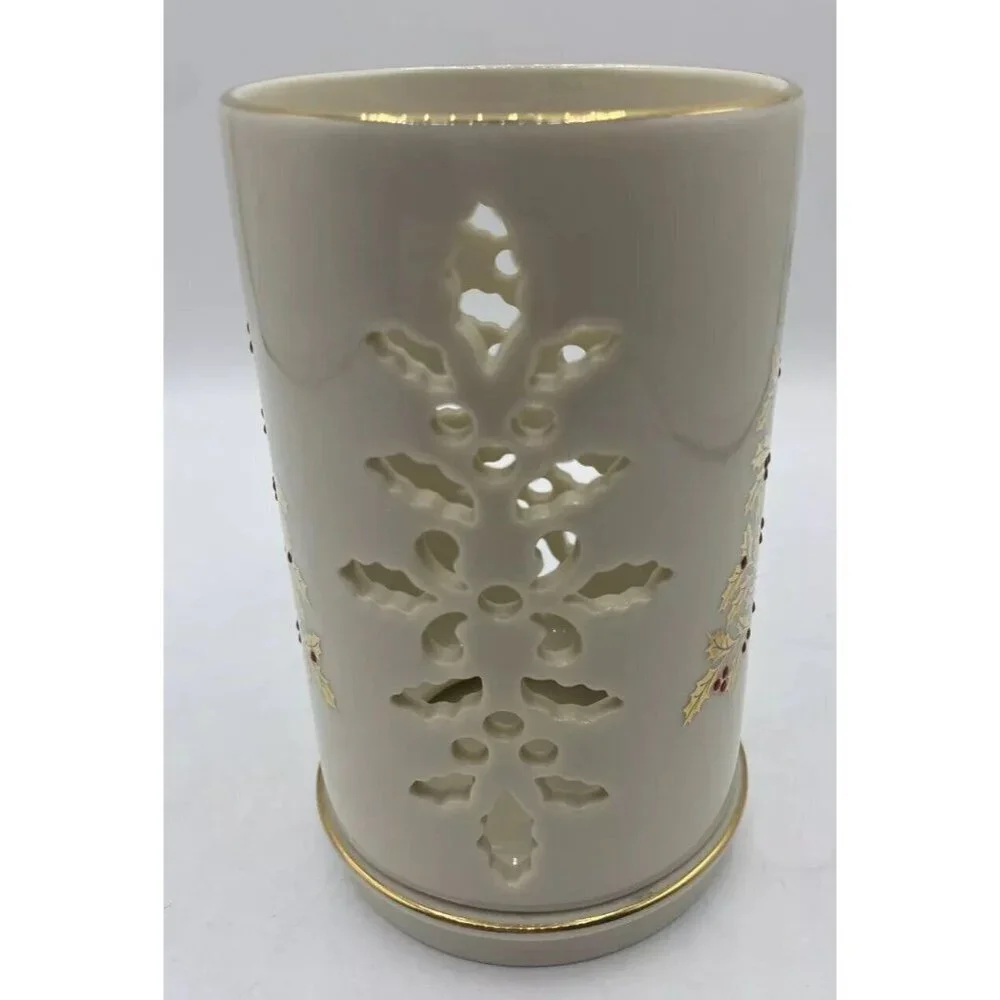 Lenox Candle Holder Eternal Christmas Pierced Porcelain Floral Gold Trim USA